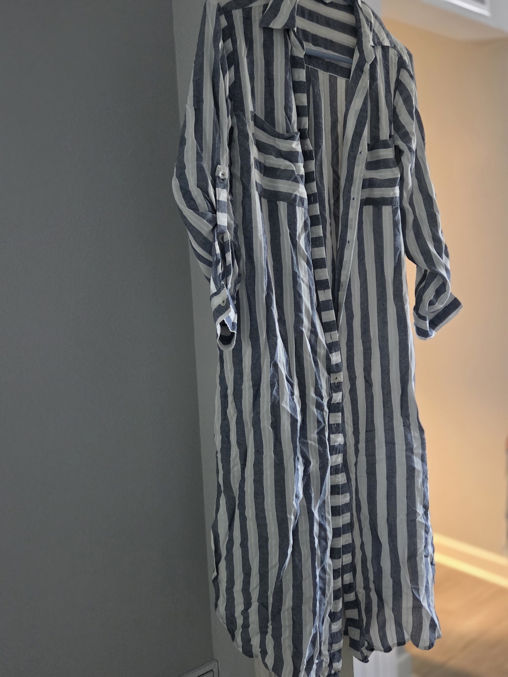 Striped Blue and White Button-Front Shirt Dress
